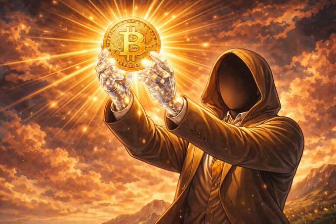 A hooded, faceless figure in a suit holds up a glowing golden Bitcoin coin against a dramatic orange sky, evoking a sense of mystery and reverence around the cryptocurrency. The image's hidden, almost godlike presentation of Bitcoin visually reinforces the post's message that the myth of Bitcoin being "for everyone" is a lie, suggesting that true understanding of Bitcoin is reserved for an enlightened few rather than casual speculators focused on profit or digital capital.