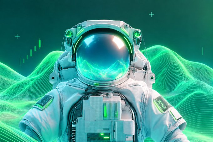 A digital illustration of an astronaut in a white spacesuit with glowing green accents, set against a green wireframe landscape and starry sky.