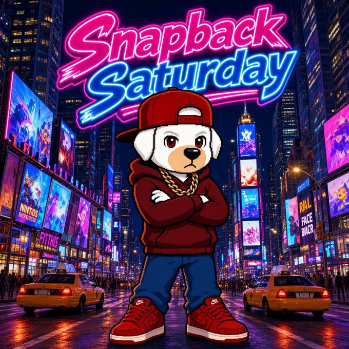 Similar neon 'Snapback Saturday' graphic showing a cartoon white puppy in a red hoodie, gold chain, and red snapback hat on a city street with yellow cabs.
