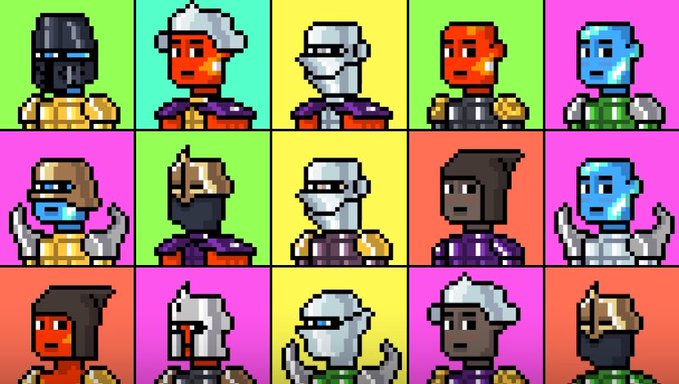 A pixel art grid displays 15 different character portraits with varying skin tones, armor, and horn styles against a background of brightly colored, solid squares including green, yellow, pink, and purple.