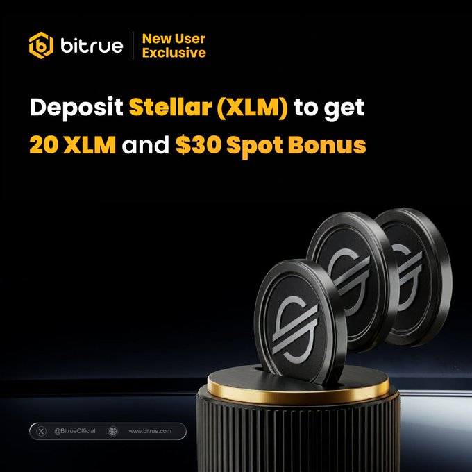 The image features an advertisement showcasing a black and gold coin collector's case that holds three coins, two of which are black and one white. The coins have a symbol of a "S" placed between them, possibly representing a specific event or characteristic associated with the cryptocurrency XLM. The background of the image is black, with a small portion on the right edge containing text.

In the bottom left corner of the post, there's a logo for Bitrue that reads "New User exclusive", indicating that this could be a trading platform tailored to new users who want to participate in Bitcoin trading. Above the coins and case, the image contains information about how to get a spot bonus on XLM by depositing Stellar (XLM) and exchanging it for $30 Spot Bonus.