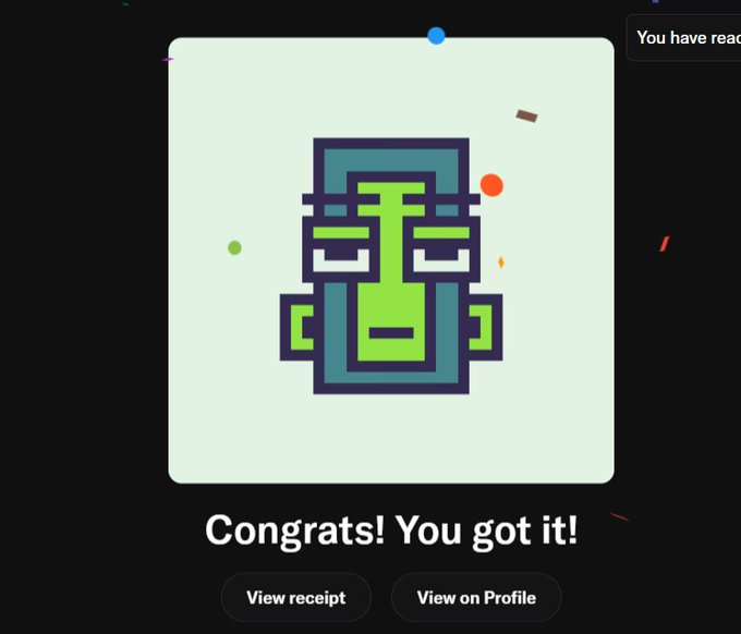 A celebration screen displays a pixel-art green face on a light green tile with the text "Congrats! You got it!" alongside buttons to "View receipt" and "View on Profile," relating to the post about successfully minting an NFT on a FCFS (first come, first served) basis without using a bot.