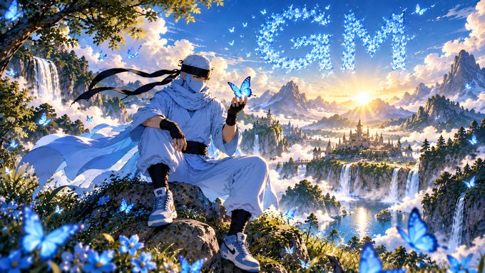 A fantasy illustration shows a ninja-like figure in white robes and a face mask sitting on a rocky outcrop, holding a glowing blue butterfly as a massive flock of butterflies forms the text 'SWOOSH' in the sky over a mountainous, waterfall-laden landscape.
