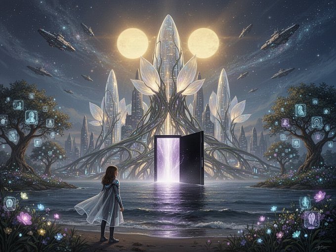 A fantasy digital illustration showing a young woman standing before a glowing portal, facing a futuristic crystalline city with twin moons and spaceships in a starry sky.