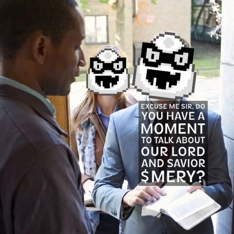 The image shows a man wearing glasses standing next to another person who has a white head with black eyes, both of them looking at each other while one of them holds an open book titled "$Merry" or something similar. The background includes trees and a building, suggesting that they are in an outdoor setting.