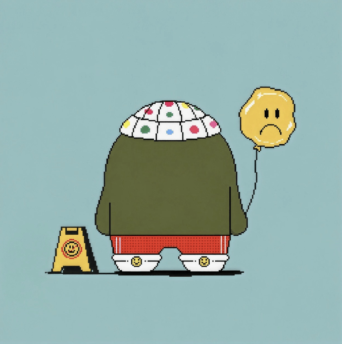 A simple cartoon illustration of a sad character wearing a polka-dot shower cap and red shorts, holding a yellow frowning-face balloon next to a "wet floor" caution sign.