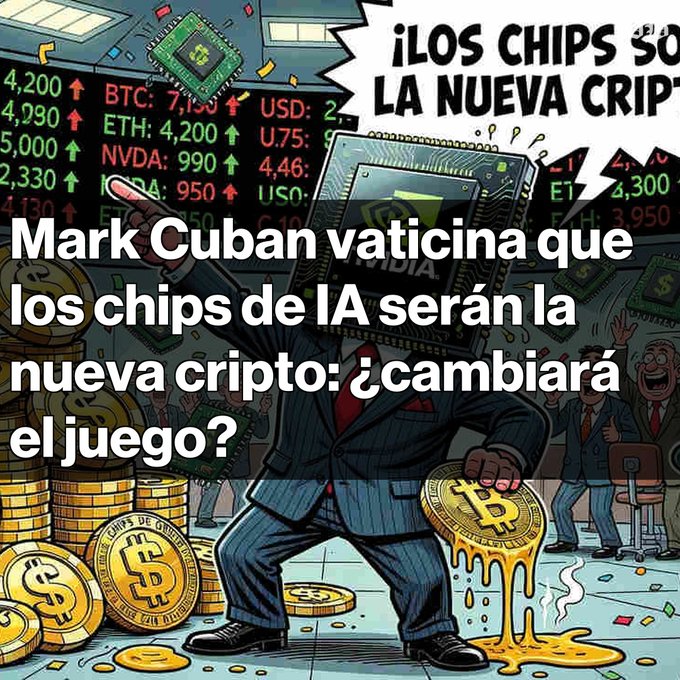 Spanish-language graphic with cartoon imagery of crypto and chips, stating "Mark Cuban vaticina que los chips de IA serán la nueva cripto: ¿cambiará el juego?"