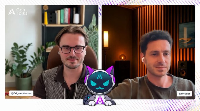 A split-screen video call from "Gen Talks" featuring two men, identified as @EdgarasNemse and @driudor, with a stylized cat logo overlay.