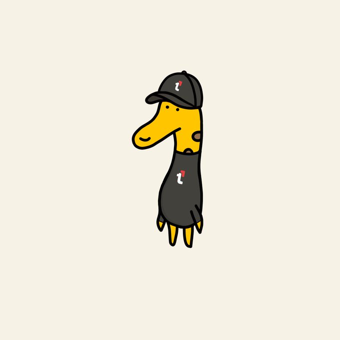 A cartoon illustration of a yellow giraffe wearing a black cap and a black shirt, both featuring a small red and white logo.