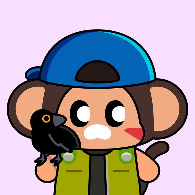 A digital illustration of a cartoonish monkey-like character wearing a blue cap and green overalls, holding a small black bird against a light pink background.