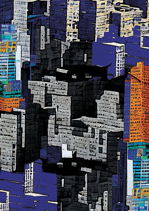An abstract cityscape artwork featuring dark, silhouetted buildings against a deep blue sky, with a vibrant orange tower on the right side and colorful accents throughout.