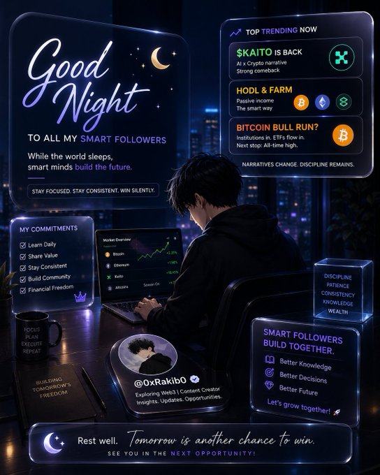 A 'Good Night' graphic from @OxRakibO featuring trading narratives like $KAITO, Bitcoin, and Hodl & Farm, encouraging smart followers to stay disciplined.