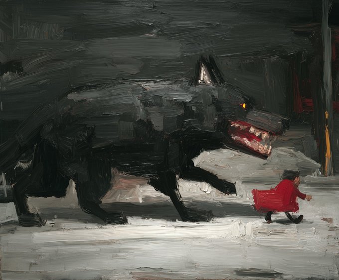 The image features a painting of a large black dog with its mouth open, standing on all fours as if ready to bite someone or something. A person wearing a red coat can be seen walking away from the dog, creating an interesting contrast between the aggressive nature of the dog and the innocent appearance of the person in the foreground. The painting is done in oil on canvas style, which adds depth and texture to the scene.