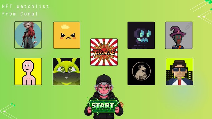 A digital watchlist titled 'NFT watchlist from Conal' displaying a grid of nine pixel-art style NFT thumbnails surrounding a cartoon monkey character holding a 'START' button.