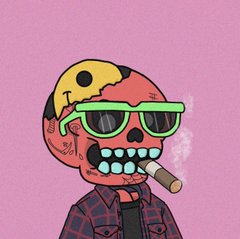 The image shows a digital illustration or cartoon drawing of a skull wearing glasses, smoking a cigar, and making a funny face. The figure appears to be wearing flannel clothing with black and red colors that stand out against the pink background. The caption at the bottom states "GM homies Are you still bullish on $SUI? I certainly am and have been capitalizing on these cheap prices to scoop up grails that will run in the bull Here are some recent snags and favorites of mine As the great flying from Rick and Morty said ... Focus on what is in the image and how it relates to the post.
