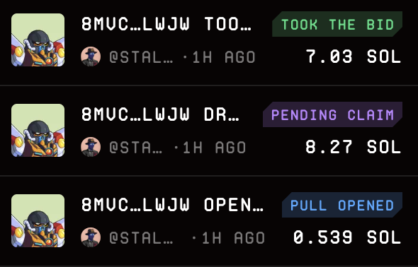 A screenshot of a Magic Eden NFT activity feed showing three recent transactions from user @STAL... involving the collection "8MUC...LWJW," including a 7.03 SOL "TOOK THE BID," an 8.27 SOL "PENDING CLAIM," and notably a 0.539 SOL "PULL OPENED" — confirming the poster's claim that someone pulled their Taiyo NFT for about half a SOL.