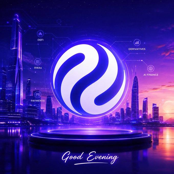 A purple-hued digital graphic featuring a large glowing circular logo surrounded by labels like "DEFI", "DERIVATIVES", "AI FINANCE", "RWAS", and "PAYMENTS" against a city skyline, with "Good Evening" written at the bottom.