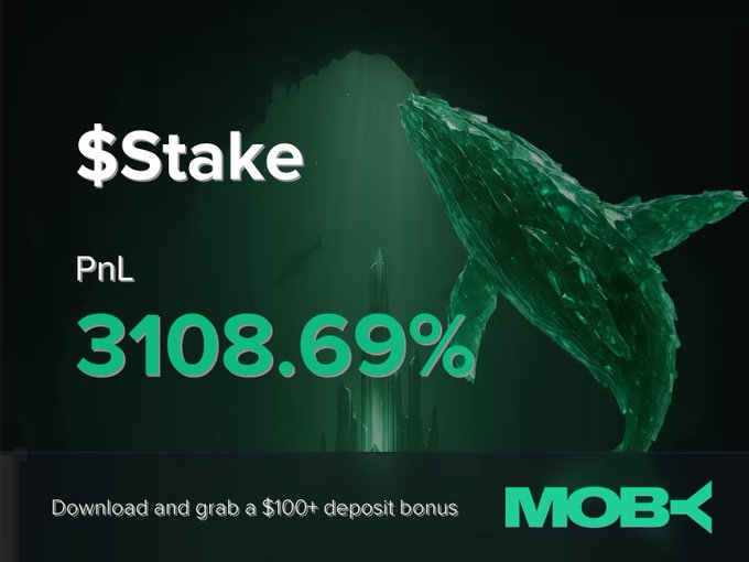 The image features an advertisement for a cryptocurrency called $Stake, which is being promoted by Moby Mobile. The advertisement includes a graphic of a whale with its head above water, symbolizing the ocean, and a green background that represents the cryptocurrency logo. The text on the advertisement states "Win Alert A trader on Moby Mobile just closed a position of $Stake with a PnL of +3108.69%. Stake has been trending on Moby since $130.85K MC." This information suggests that the advertisement is targeting potential investors or traders who have recently invested in $Stake, highlighting their success and the growth of the cryptocurrency.