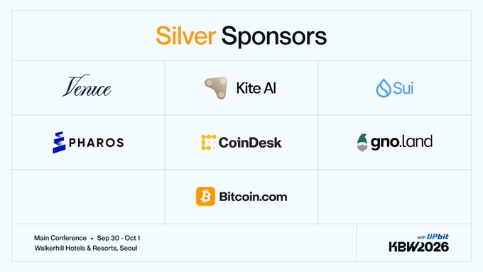 Silver Sponsors section for KBW2026 with UPbit, listing Venice, Kite AI, Sui, Pharos, CoinDesk, gno.land, and Bitcoin.com as sponsors for the Main Conference held Sep 30 - Oct 1 at Walkerhill Hotels & Resorts, Seoul.