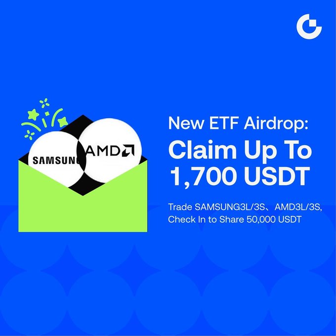 A blue Gate.io promotional graphic announces a "New ETF Airdrop" with up to 1,700 USDT in rewards, featuring an envelope illustration with Samsung and AMD logos, promoting trading of SAMSUNG3L/3S and AMD3L/3S ETFs alongside a 50,000 USDT check-in prize pool.