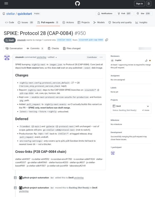 A GitHub pull request titled "SPIKE: Protocol 28 (CAP-0084) #950" in the stellar/quickstart repository, showing that user sisureh wants to merge 1 commit into stellar:main, with changes setting the next protocol version default to 28 and keeping core built from source for testing, aligning with the early testing of Stellar Protocol 28's CAP-0084 Muxed Contract Addresses feature.