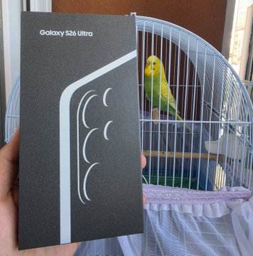 A hand holds up a "Galaxy S26 Ultra" smartphone box in front of a white birdcage containing a yellow and green budgie, while the caption promotes a return to cryptocurrency investing with a target of 1,000,000 million TL using an unconventional approach. The juxtaposition humorously suggests using the new phone for crypto trading while the curious bird watches on.