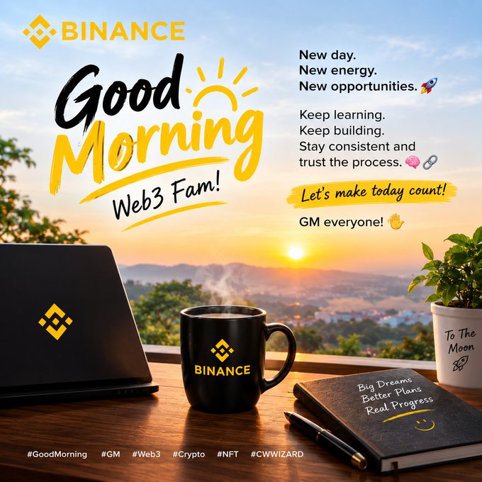 A scenic morning view of a workspace featuring a Binance-branded laptop, coffee mug, and a "To The Moon" plant, set against a sunrise backdrop with the text "Good Morning Web3 Fam!" and motivational phrases like "Let's make today count!" — visually reinforcing the post's uplifting crypto-themed greeting to the Web3 community.