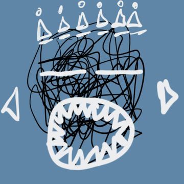 A simple digital drawing on a blue background showing a face with a chaotic scribbled beard and a wide mouth full of teeth.