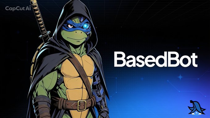 A graphic of a hooded turtle ninja with a glowing blue eye and a sword on its back, labeled 'BasedBot' with a 'CapCut AI' watermark.