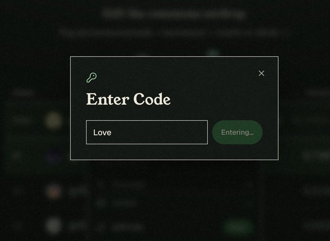 A dark-themed modal dialog titled "Enter Code" displays an input field containing the word "Love" alongside a green "Entering..." button, suggesting a code redemption process. The image relates to the post by illustrating a workaround interface where the user inputs a promotional or referral code to transfer quota from Codex to ChatGPT.