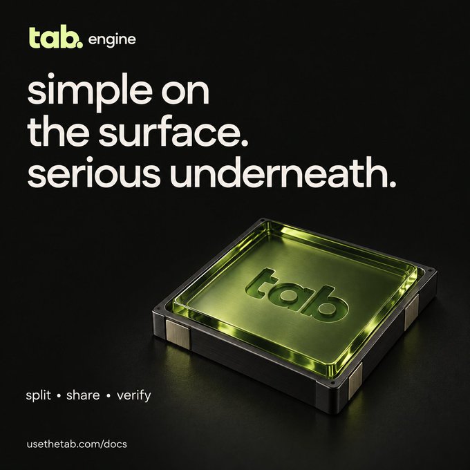 Promotional graphic for 'tab.engine' with the tagline 'simple on the surface. serious underneath.' alongside a glowing green tile object, and the URL 'usethetab.com/docs'.