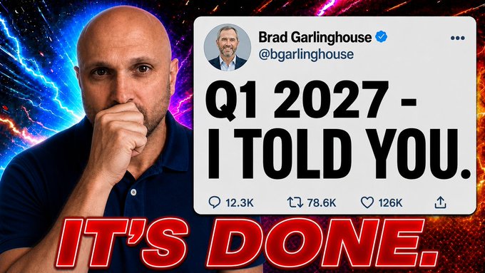 The image is a YouTube thumbnail featuring a bald man in a blue polo with his hand over his mouth against an electric blue and purple cosmic background, alongside a tweet from Brad Garlinghouse (@bgarlinghouse) reading "Q1 2027 – I TOLD YOU." with "IT'S DONE." displayed in bold red text at the bottom. The thumbnail teases the video's claim about a structural connection between RLUSD stablecoin adoption and XRP price action tied to a 2027 timeline.