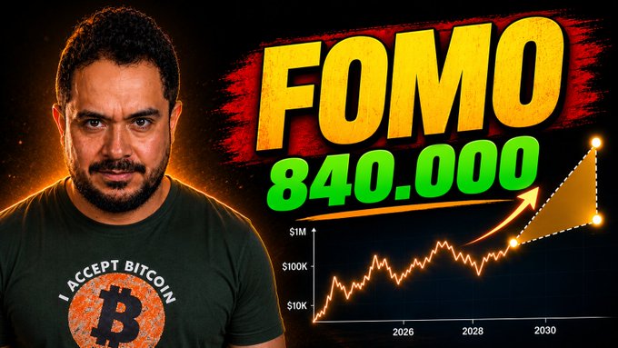 A YouTube thumbnail featuring a bearded man wearing an "I ACCEPT BITCOIN" t-shirt alongside bold "FOMO" text and the figure "840.000," with a chart projecting a price trend reaching beyond 2030, illustrating the video's discussion of a River study predicting Bitcoin will not reach $840K within five years.