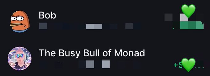 A screenshot shows two user profile entries: 'Bob' with an orange cartoon avatar, and 'The Busy Bull of Monad' with a purple character avatar, both displaying green heart icons.