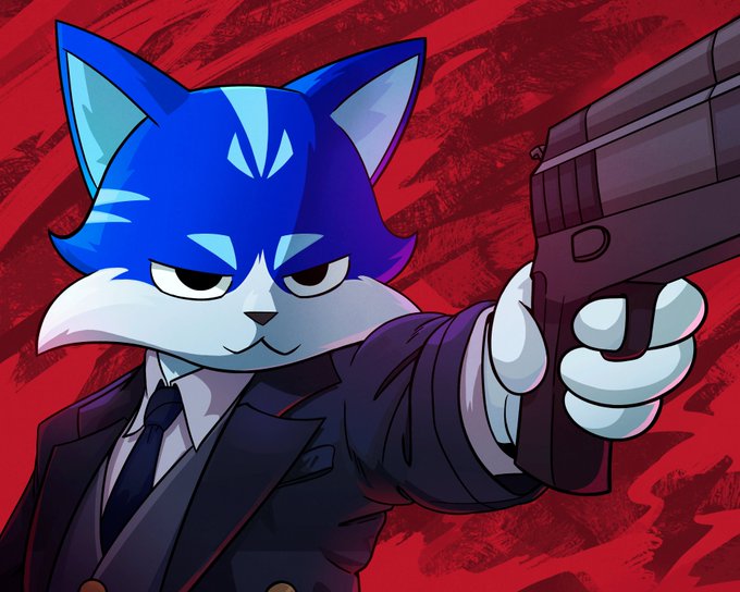 An illustration of a blue anthropomorphic cat character wearing a black suit and tie, pointing a handgun toward the viewer against a red background.