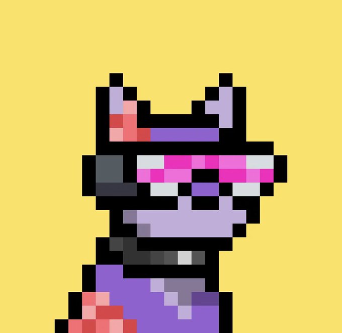 A pixel-art character with cat ears, pink visor/goggles, and purple and pink clothing is displayed against a yellow background.