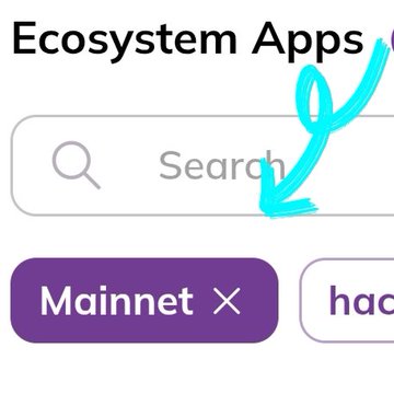 The image shows the "Ecosystem Apps" search bar from the Pi Network Mainnet interface, with a hand-drawn arrow pointing to the search field. It visually highlights the opportunity for Pioneers to find and build Mainnet apps, supporting the post's message about the potential to earn real Pi through subscriptions and advertisements from the expanded 100-app ecosystem.