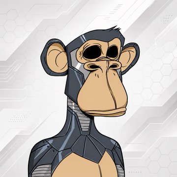 A digital illustration of a futuristic cybernetic monkey with a metallic face and exposed mechanical body against a hexagonal tech background.
