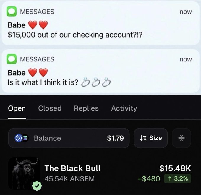 The image shows a text exchange where "Babe" asks about $15,000 missing from a checking account, followed by a screenshot of a trading app called "The Black Bull" with a balance of $1.79, implying the money was spent on investments.