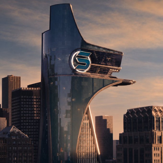 A futuristic sci-fi concept of a sleek, dark glass skyscraper featuring a large illuminated 'S' logo, towering over a realistic city skyline at sunset.