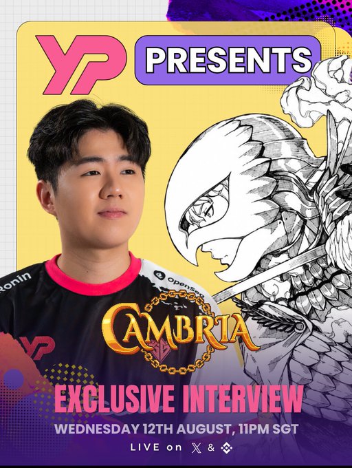 Promotional poster for a Cambria exclusive interview with a YP presenter on Wednesday 12th August at 11PM SGT, featuring manga-style artwork.