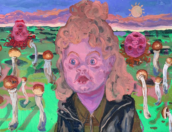 A surreal oil painting of a pink-skinned child with curly hair and wide eyes, surrounded by a green field filled with mushrooms featuring unsettling faces beneath a sunset sky with a sun motif, evoking a dreamlike, slightly eerie mood that complements the caption "Smile now, overthink it later."