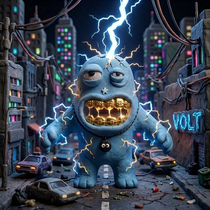 A giant blue monster with glowing gold teeth and electric bolts erupting from its head stands amid a neon-lit city street, with a graffiti tag reading "VOLT" visible on a building to the right. The chaotic, electrified scene of the towering "VOLT" creature matches the post's hype about the @PoweredByVolt NFT mint, capturing the high-energy "t00ns" vibe with its wild, animated personality.