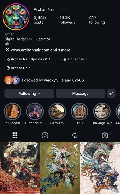This Instagram profile belongs to Archan Nair, a Digital Artist and Illustrator with 134K followers, showcasing vibrant, intricate artwork featuring mystical figures and flowing forms. The accompanying post about established artists with previous 1/1 sales and early storytelling opportunities suggests the profile is being shared to promote an exclusive onchain art experience for serious collectors.