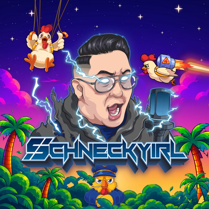 The image is a vibrant, cartoon-style stream graphic featuring "SCHNECKYIRL" in bold blue letters, with an animated depiction of a screaming man with glasses and lightning bolts, surrounded by chickens (including one with a rocket, one as a marionette, and one in a police hat) against a tropical sunset backdrop. This eye-catching graphic relates to the post as a Twitch/streaming promotion, where "Schneckyirl" is the streamer announcing free bonus buys to viewers while highlighting their focus on playing games from smaller, up-and-coming providers on Stake.