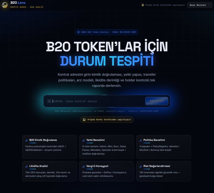 The image displays the homepage of "B20 Lens," a crypto analysis tool at b20-lens.vercel.app, featuring a Turkish-language interface with an input field for token contract addresses and a "Doluluk" button for analysis. The site promotes on-chain verification for B20 tokens, highlighting features like identity verification, authority detection, transfer policies, liquidity analysis, and honeypot detection, as well as offering an encrypted premium version via "Kripto Kurdu."