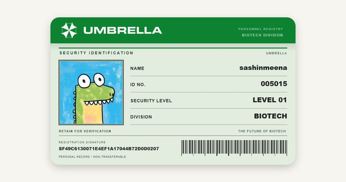 A fictional 'UMBRELLA' security ID card from a Resident Evil-themed design shows the name 'sashinmeena' with ID number 005015 at Level 01 in the Biotech Division.