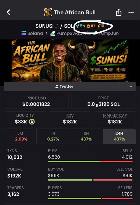 A mobile screenshot of DexScreener showing the SUNUSI/SOL token ("The African Bull") on Solana via PumpSwap, with the user's handwritten circle highlighting "#7" in the 5h ranking category—directly visualizing the claim "We're #7 on Dexscreener." The token shows a $33K liquidity, $182K market cap, and a 437% gain over 24H.