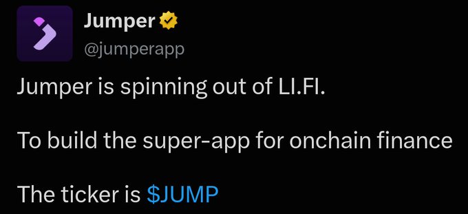 A tweet from Jumper (@jumperapp) announcing it is spinning out of LI.FI to build the super-app for onchain finance, with ticker $JUMP.