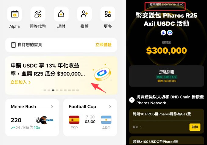 A Binance-style cryptocurrency app screenshot advertising a 'Pharos R25 Axil USDC' promotion offering $300,000, with text in Traditional Chinese and an activity end date of 2026/10/19 15:00.